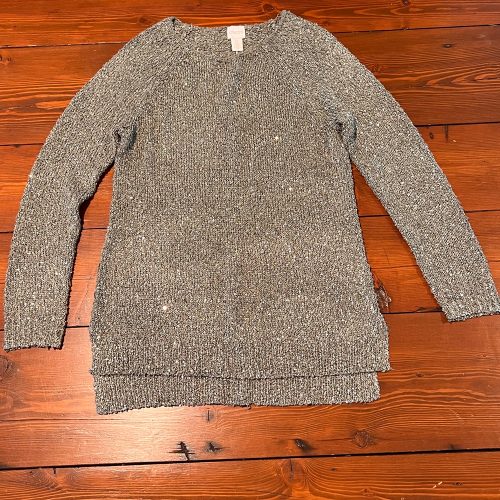 Chico's - Moss Green Sequin Scoop Neck Long Sleeve Sweater - Size 0 / Small